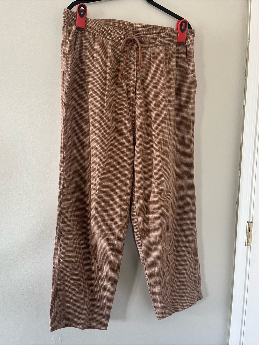 Vintage Brown Check Plaid Linen Cotton Wide Leg Pants XL Preppy Coastal Summer
